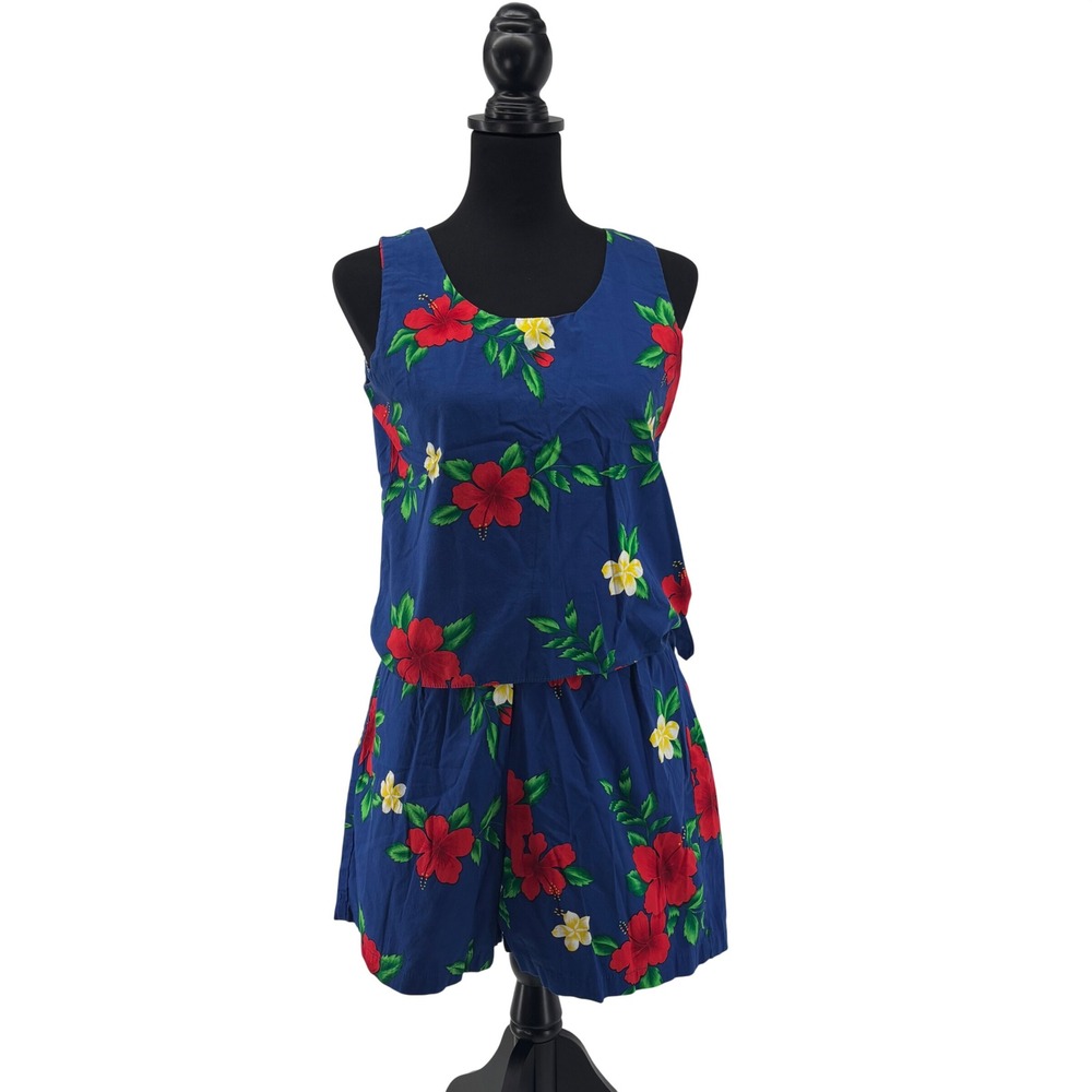 VTG Royal Creations Blue Tropical Hibiscus Floral Two Piece Set Sleevele Cotton
